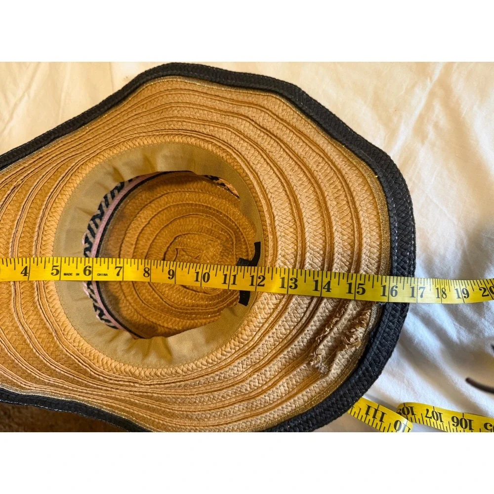 Steve Madden‎ Womens Wide Brim Straw Sun Hat Tan Black Pink Gold Metallic OS